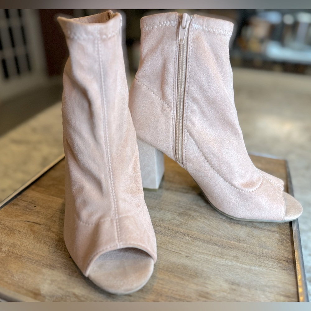 MIA Blush Suede Peep-Toe Block Heel Ankle Boots